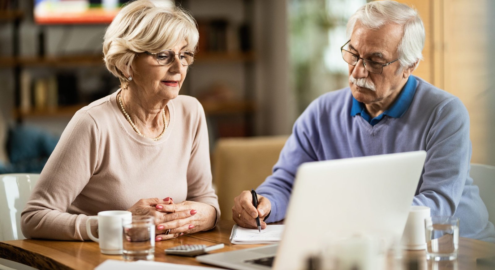 Senior couple using computer and taking notes while analyzing their home finances.